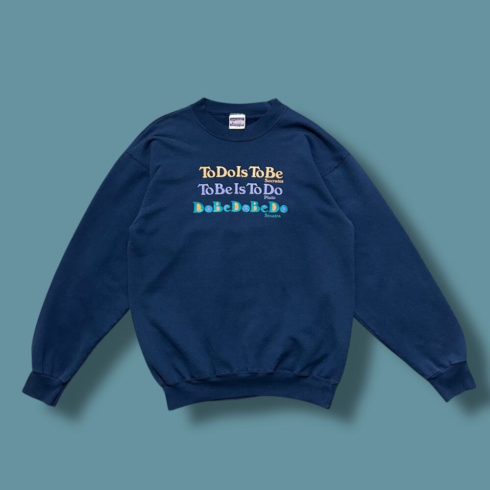 Vintage 90s Funny Quote Crewneck Sweatshirt Socrates Plato Sinatra Navy Blue M